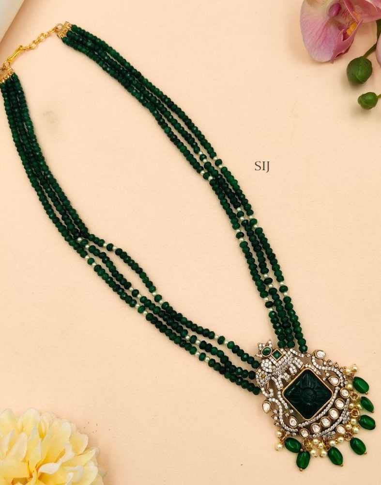 Three Layers Green Beads Mala With Victorian Pendant