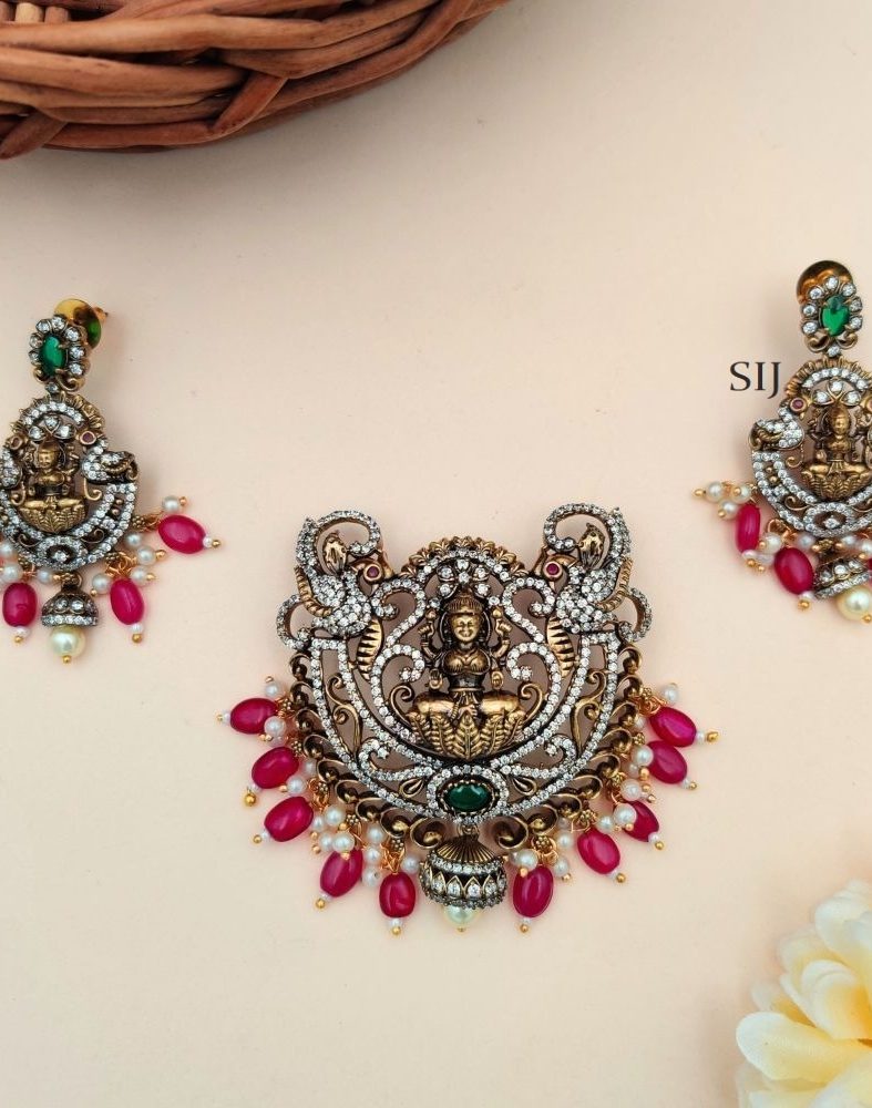 Antique Pink AD Stones Lakshmi Pendant Set