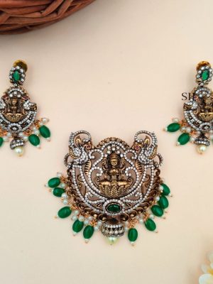 Traditional Green AD Stones Lakshmi Pendant Set