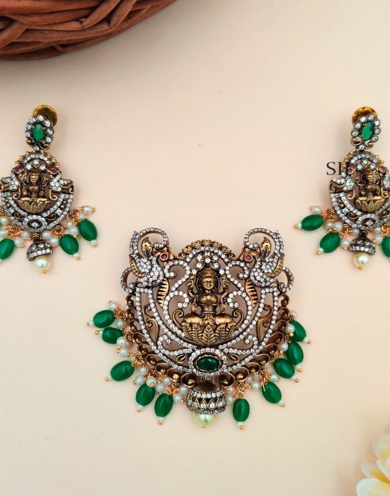 Traditional Green AD Stones Lakshmi Pendant Set