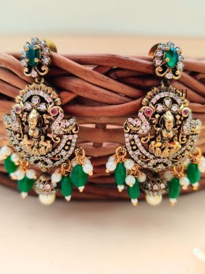 Traditional Green AD Stones Lakshmi Pendant Set