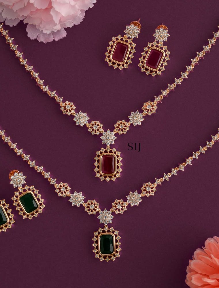 Imitation Rose Gold White Stones With Ruby / Green Pendant Necklace