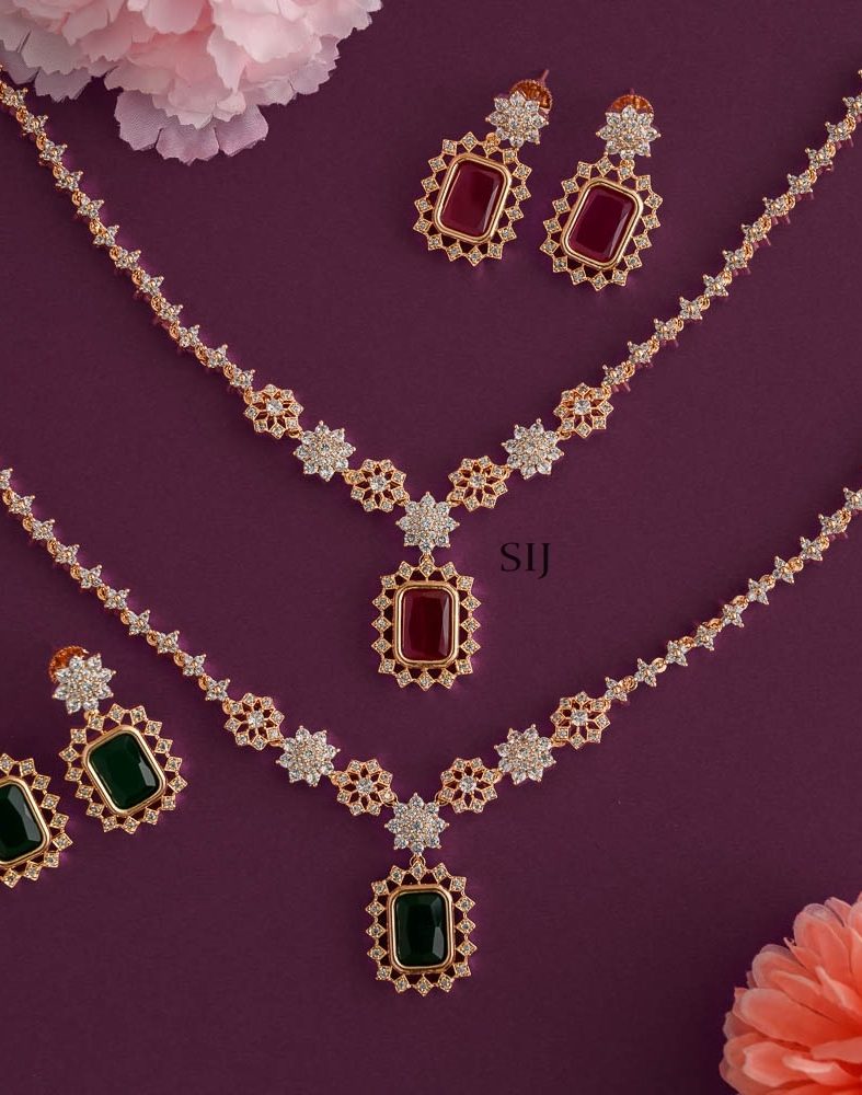 Imitation Rose Gold White Stones With Ruby / Green Pendant Necklace