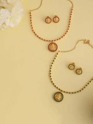 Traditional Single Line Stones Necklace with Lakshmi Pendant