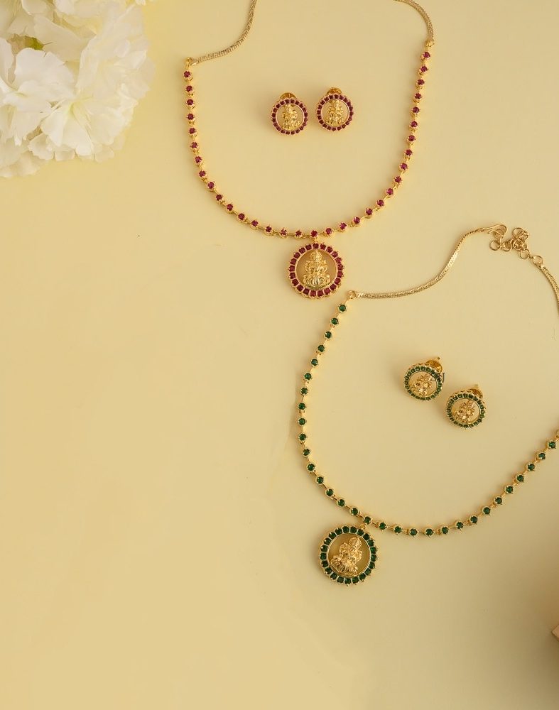 Traditional Single Line Stones Necklace with Lakshmi Pendant