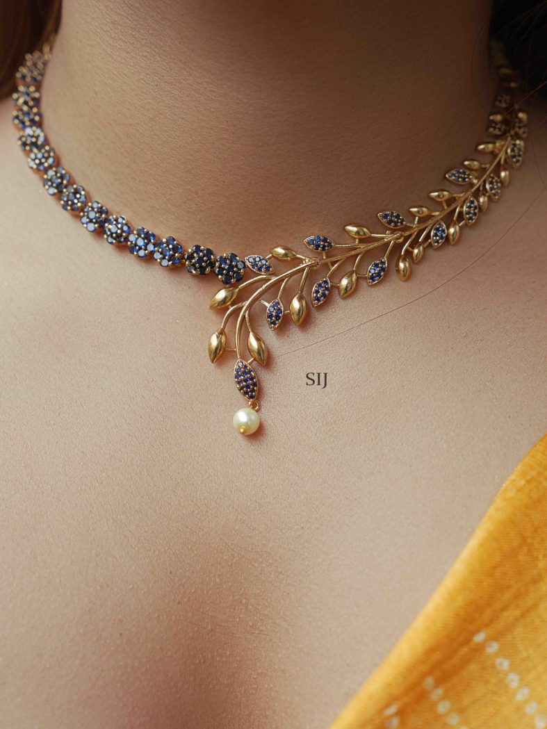 Imitation Deep Sapphire Flower and Leaf Design Necklace