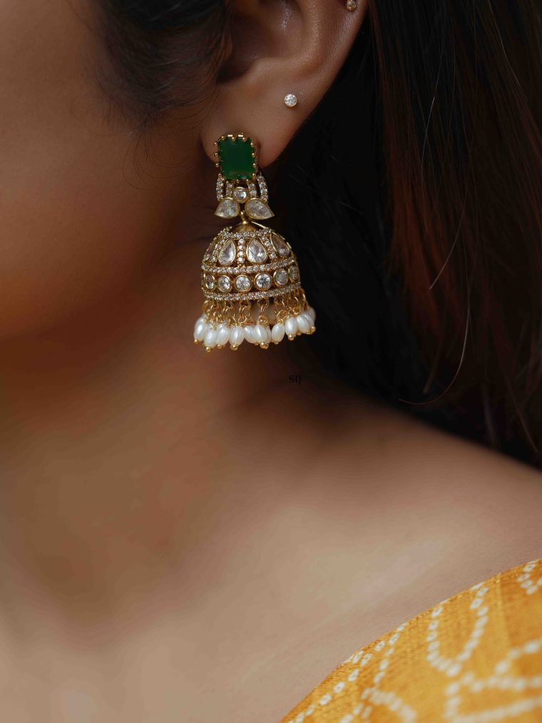 Gold Plated Emerald Stone Victorian Jhumkas with Pearl Hangings