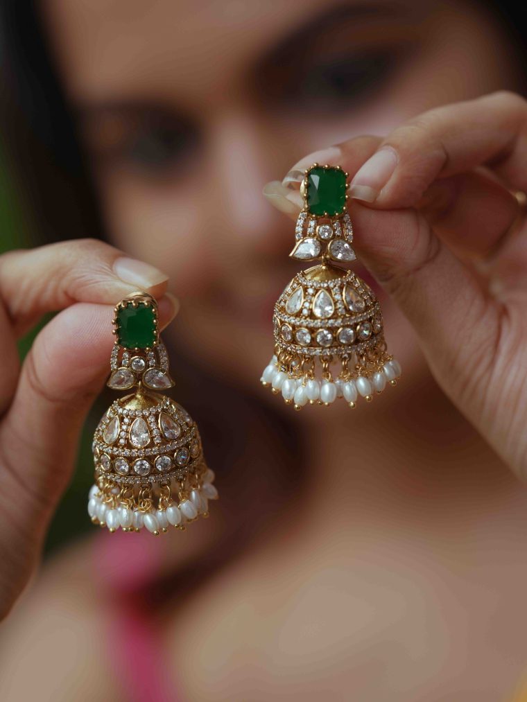 Gold Plated Emerald Stone Victorian Jhumkas with Pearl Hangings