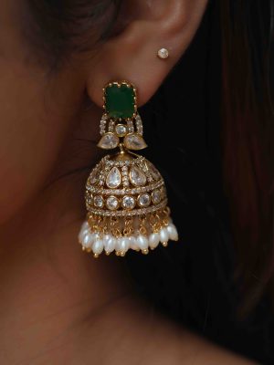 Gold Plated Emerald Stone Victorian Jhumkas with Pearl Hangings