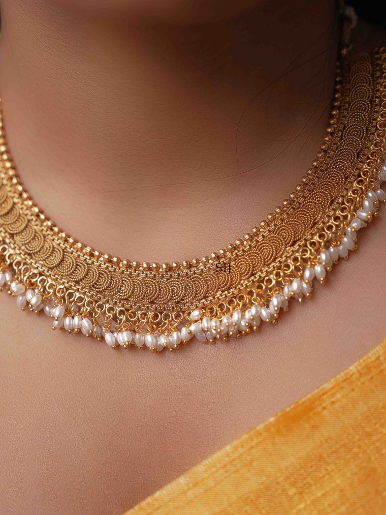 Gold Plated Coin Design Necklace with Rice Pearl Guttapusalu