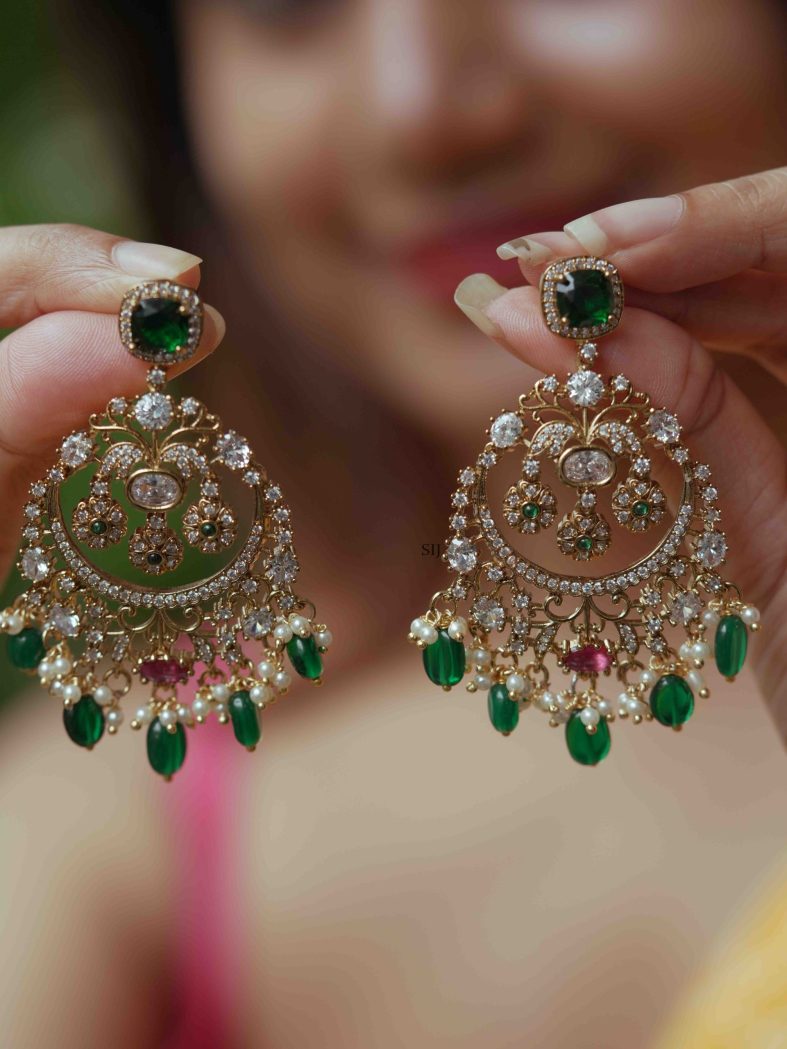 Gold Plated Emerald and White Stones Dangler Earrings