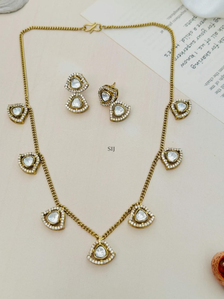 AD Studded Gold Plated Polki Necklace