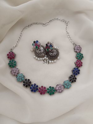 Flower Design Multicolor Stones Silver Necklace