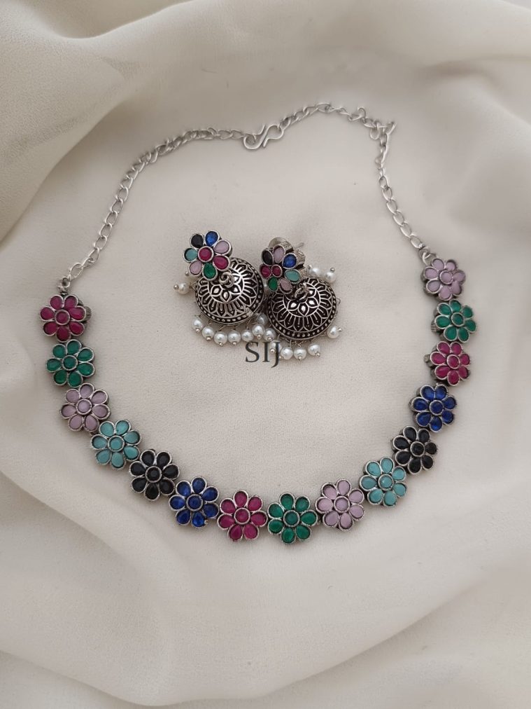 Flower Design Multicolor Stones Silver Necklace