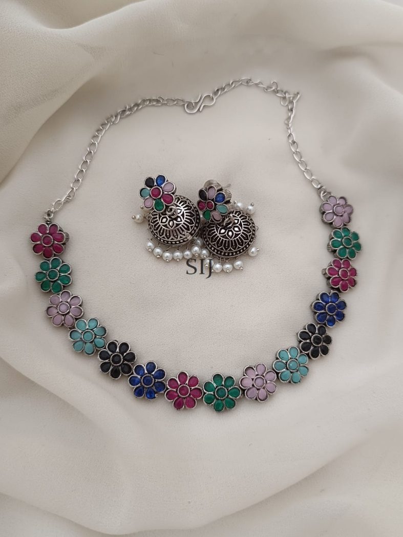 Flower Design Multicolor Stones Silver Necklace