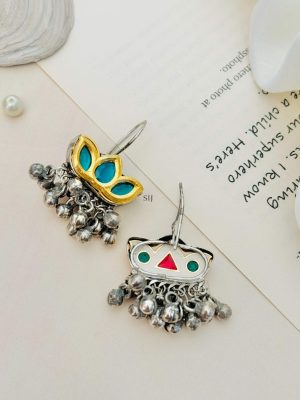 German Silver Plated Blue Stones Ghungroo Earrings