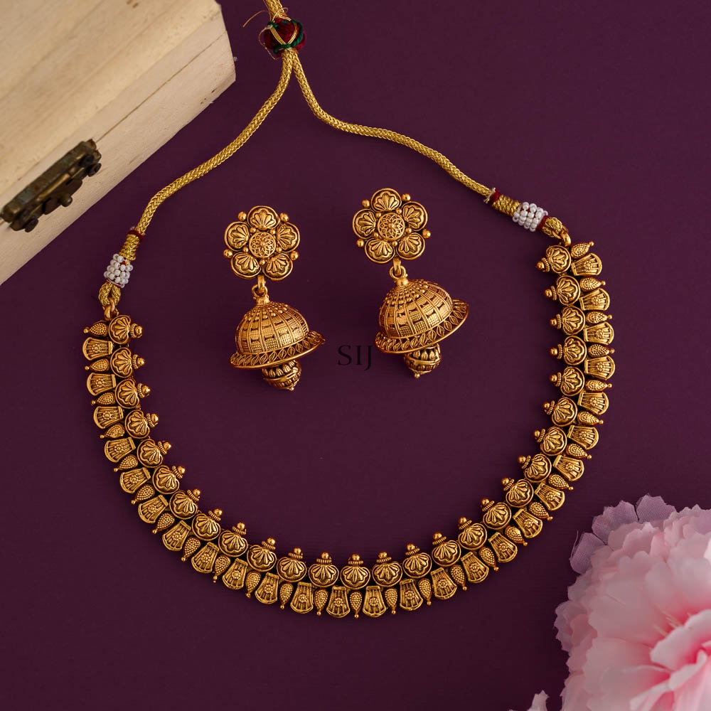 Gold Finish Flower Design Necklace With Matching Jhumkas