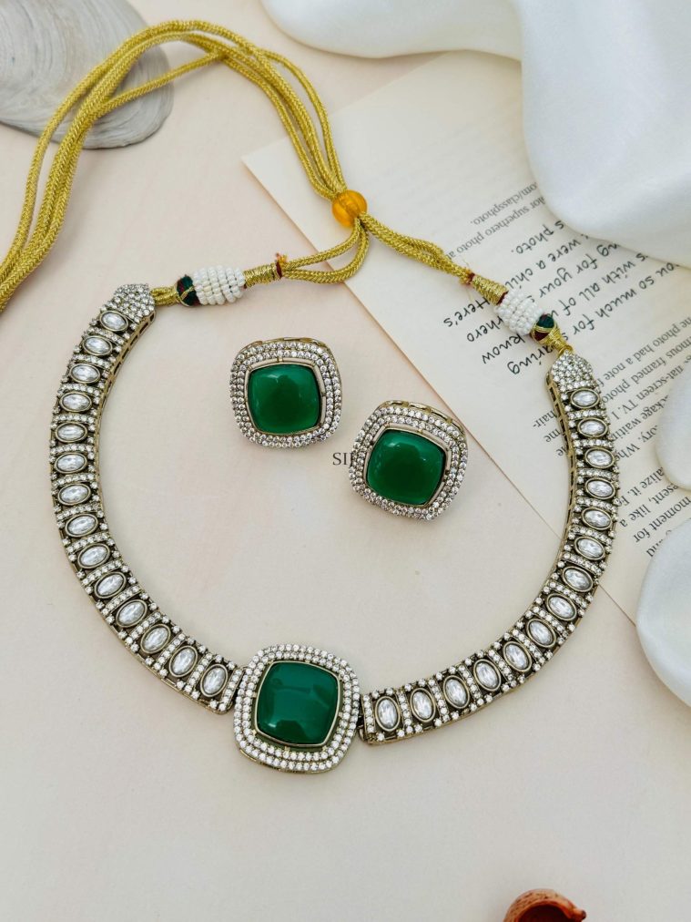 Gold Finish Green &AD Stones Emerald Necklace Set