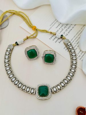 Gold Finish Green &AD Stones Emerald Necklace Set