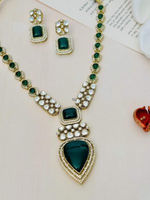 Gold Finish Green Stones Emerald Necklace Set