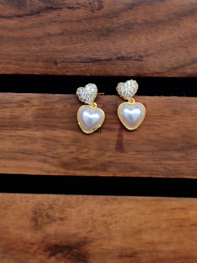 Gold Finish Heart Design Pearl Drop Ear Studs