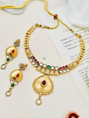 Gold Finish Multicolor Stones Necklace