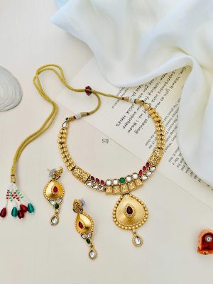 Gold Finish Multicolor Stones Necklace