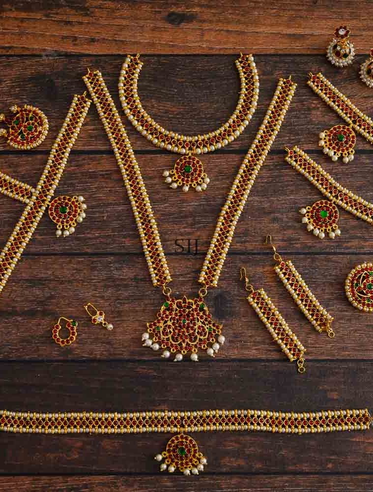 Gold Finish Pearl &Ruby Stones Adult Bharatnatyam Set