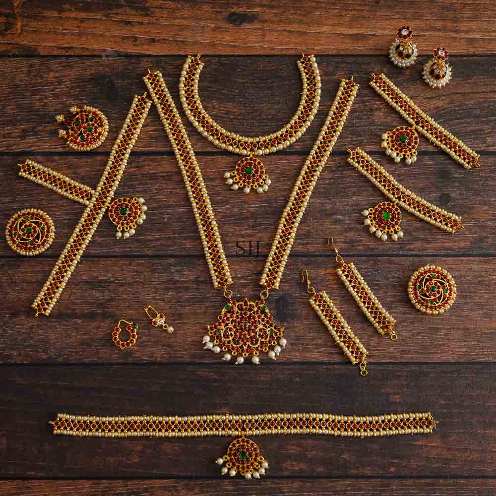 Gold Finish Pearl &Ruby Stones Adult Bharatnatyam Set