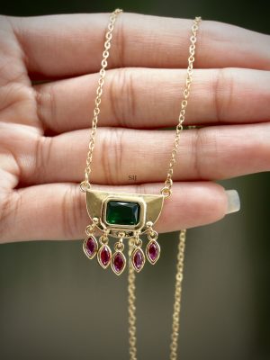 Gold Finish Stainless Steel Green Stone Pendant& Chain