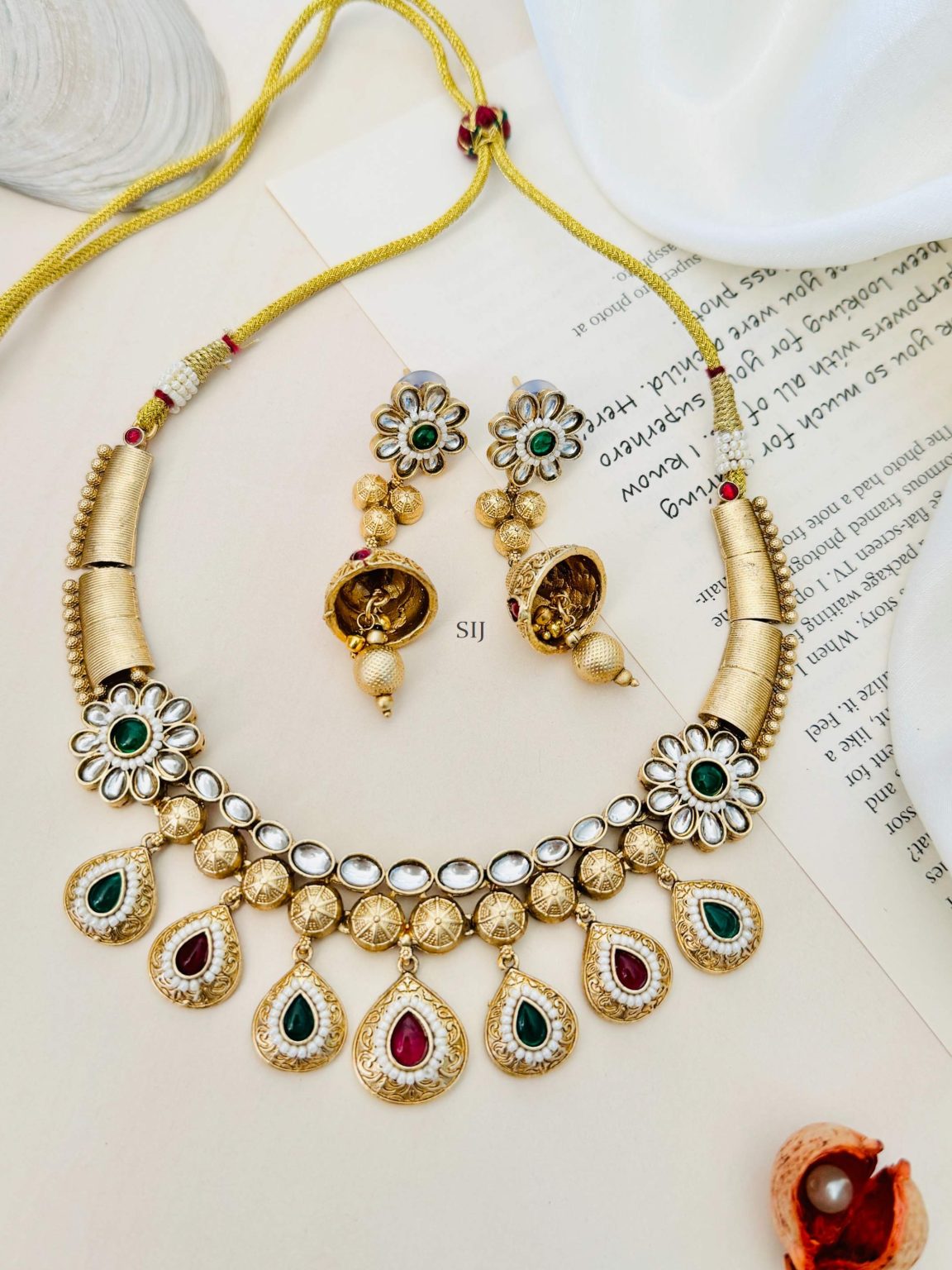 Gold Plated Flower Design Multicolor Stones Necklace