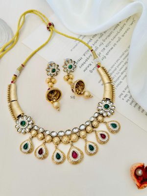 Gold Plated Flower Design Multicolor Stones Necklace