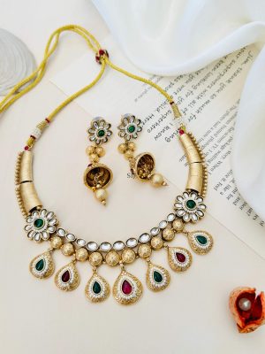 Gold Plated Flower Design Multicolor Stones Necklace