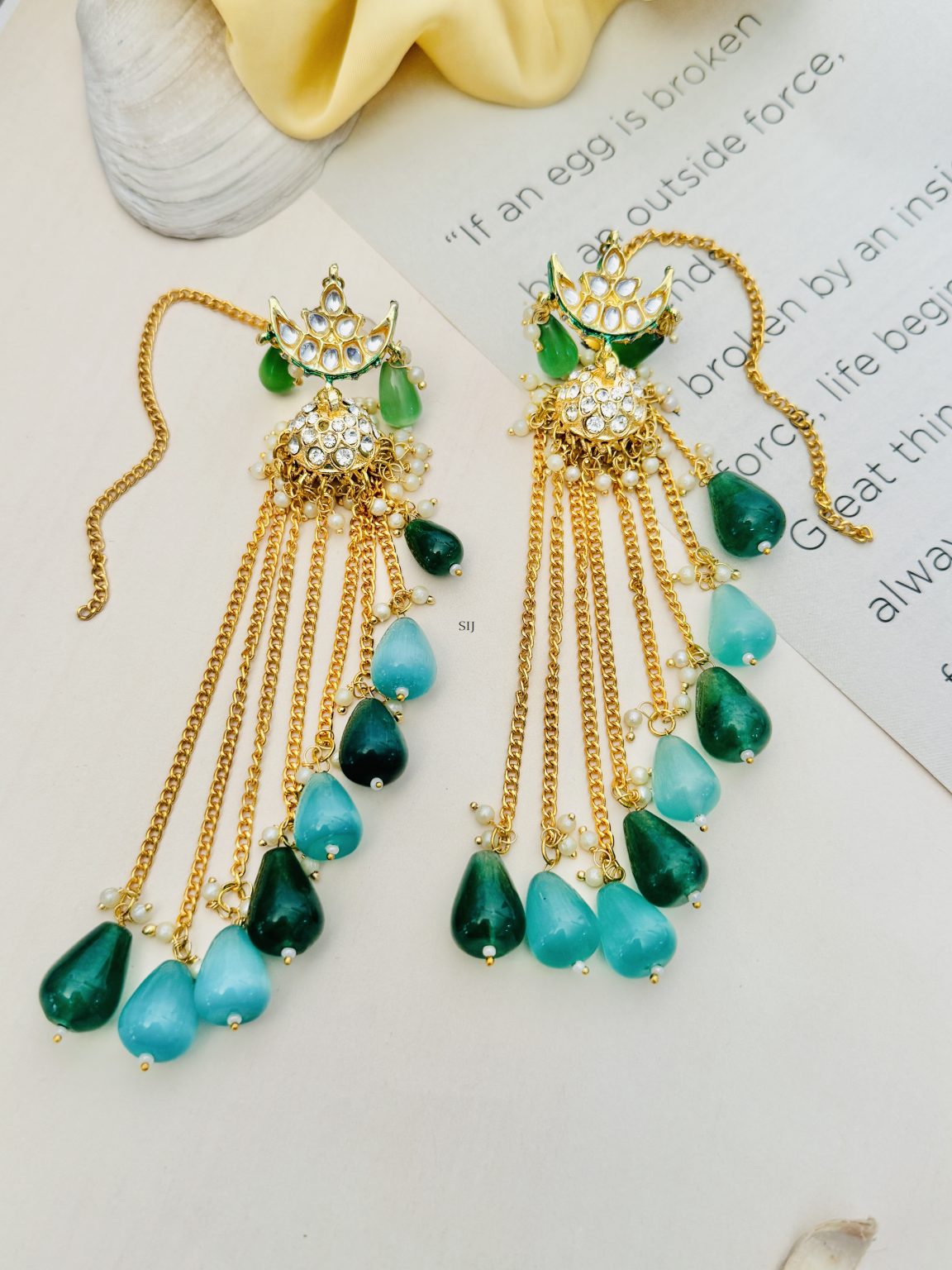 Gold Plated Kundan Green Beads Drops Layered Earrings