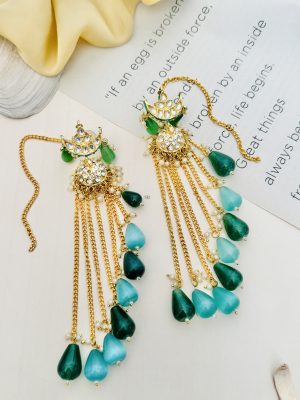 Gold Plated Kundan Green Beads Drops Layered Earrings