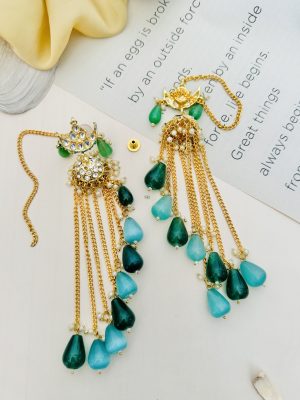 Gold Plated Kundan Green Beads Drops Layered Earrings