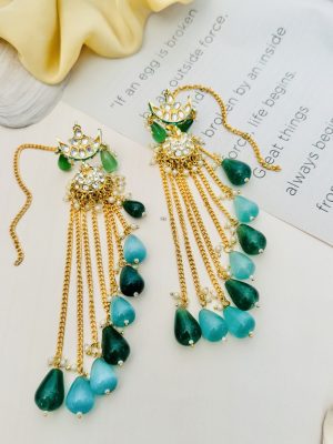 Gold Plated Kundan Green Beads Drops Layered Earrings