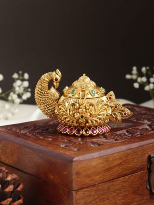 Gold Plated Peacock Design Kumkum Box