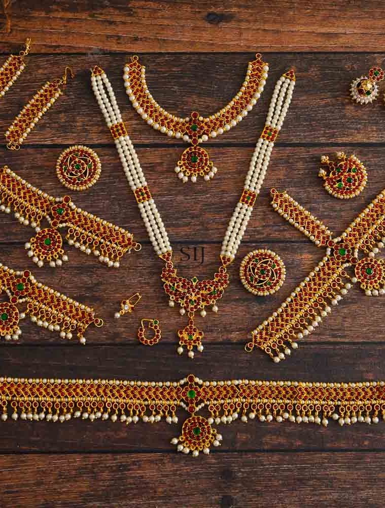 Gold Plated Pearl &Ruby Stones Adult Bharatnatyam Set