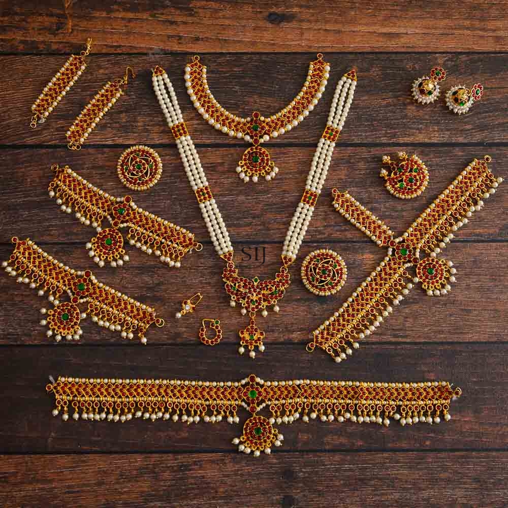 Gold Plated Pearl &Ruby Stones Adult Bharatnatyam Set