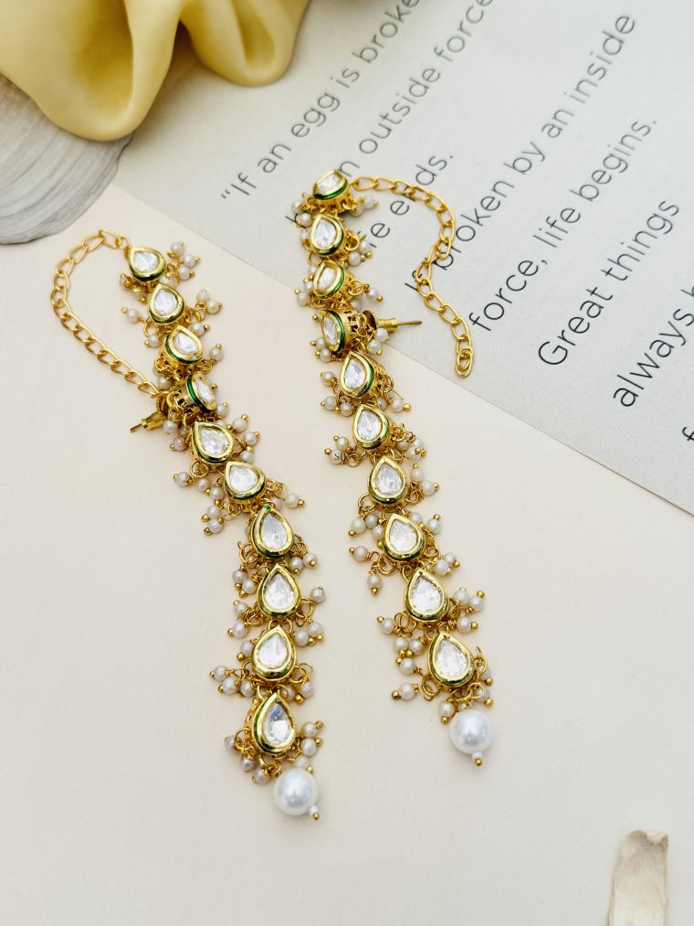 Gold Plated Pearl Studded Long Kundan Earrings