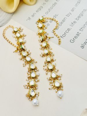 Gold Plated Pearl Studded Long Kundan Earrings