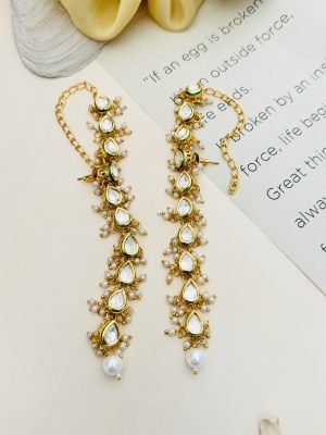 Gold Plated Pearl Studded Long Kundan Earrings