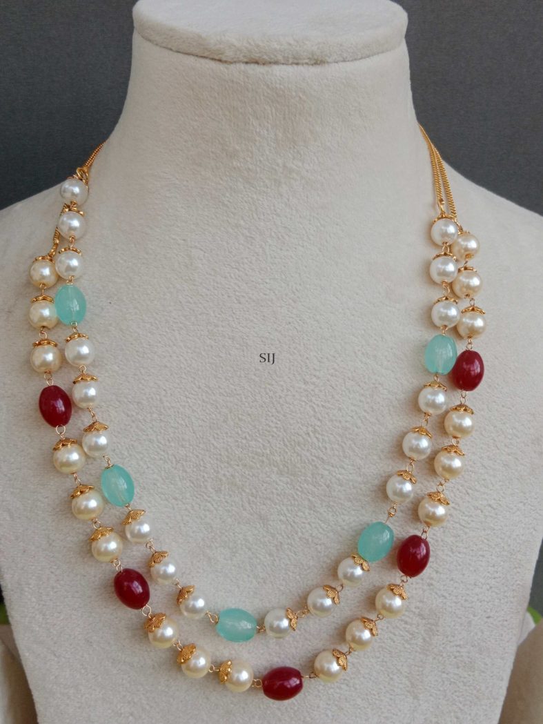 Gold Plated Red& Pastel Green Beaded Chain