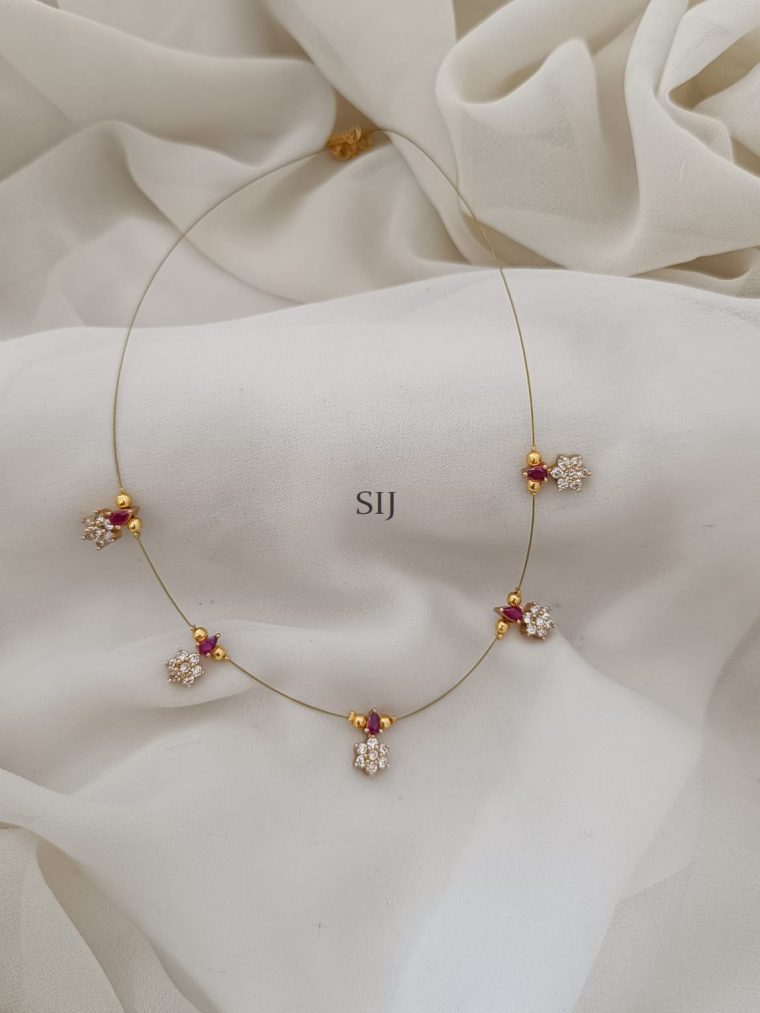 Gold Plated Red& White Stones Invisible Necklace