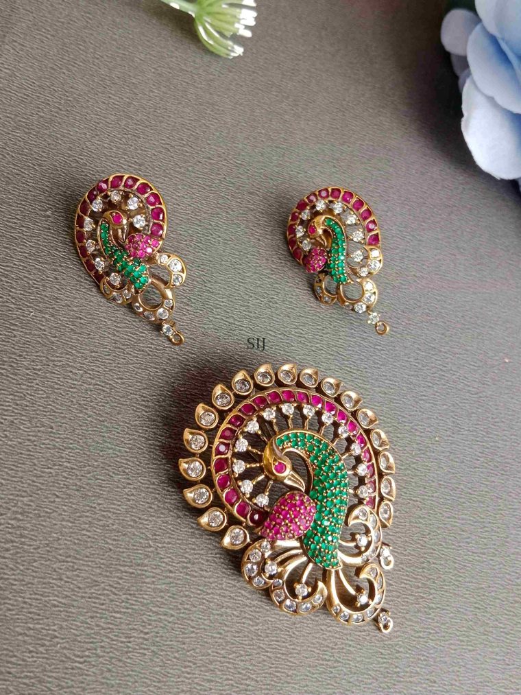 Gold Plated Ruby& Green Peacock Pendant Set