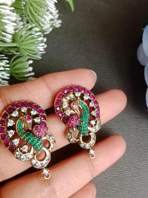 Gold Plated Ruby& Green Peacock Pendant Set