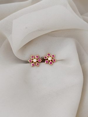 Gold Plated Ruby &White Stones Ear Studs