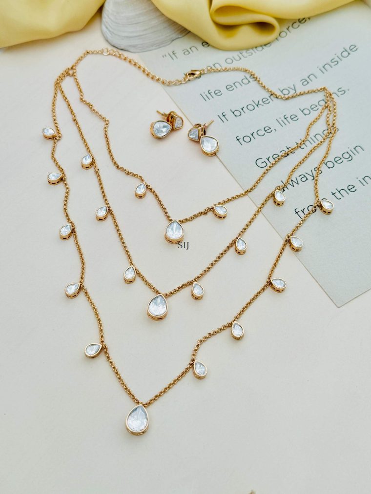 Gold Plated Three Layered Polki Necklace