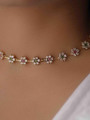 Gold Plated White Stones Floral Choker